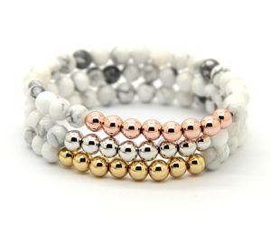 Commercio all'ingrosso 10 pz/lotto 6mm Naturale Bianco Howlite Pietra Elastico Bead Bangle Uomini ragazza Bracciali 24 K Oro Argento Placcato gioielli