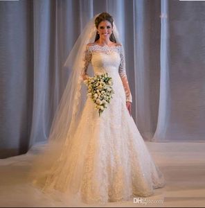 Designer Vintage Lace Wedding Dresses Off Shoulder Long Sleeves Cheap Sequins Beaded Beach Backless Bridal Gowns 2016 new HT111