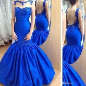 Mermaid Evening Dresses High Quality Prom Gowns Sheer Bateau Neck Appliques Trumpet Elastic Satin Evening Gowns