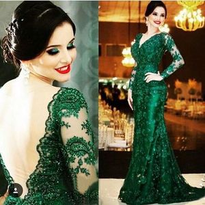 Vintage 2016 Verde Escuro Cheia Do Laço Sereia Vestidos de Noite Sexy Ilusão de Volta Frisado V Neck Manga Comprida Formal Vestidos Custom Made EN823