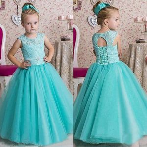 2020 Últimas turquesa do casamento da flor Meninas Vestidos Jewel Neck uma linha especial Projetado Lace-up Voltar Lace Tulle Beautiful Girls vestidos de noite