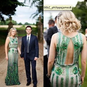 Jenny Packham 2016エメラルドグリーンビーズクリスタルドレスイブニングウェアラグジュアリージュエルカットアウトバックビーズの床の長さのイブニングドレスEN10144