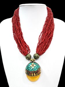 18 '' Ethnic Red Bead Multilayer Naszyjnik Wisiorek Tybetański Kwiat Srebrny Amber Ojzz-0014