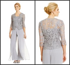 Silver Chiffon Mother's Pant Suits with Lace Jacket Women Lady Evening Dress Wedding Party Gown elegant mother of the bride pant suits