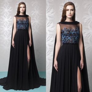 Tony Ward Black Chiffon Side Split Evening Dresses With Cloak 2017 Cheap Blue Embroidery Beaded Long Dress Evening Wear Custom EN10269