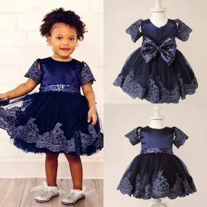 Navy Blue Lace Ball Gown Flower Girls Dresses For Wedding Knee Length Sequin Communion Gowns With Sleeves Big Bow Back