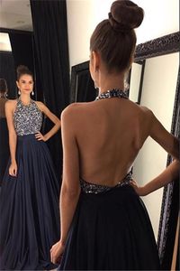 Long Chiffon Formal Dress Navy Blue Prom Dress With Beading Unique Prom Gown New Arrival