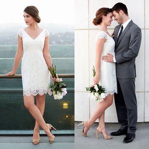 Chic 2016 New Arrival Full Lace Short Beach Wedding Dresses Cheap Capped Short Sleeve Bridal Gowns Casual Custom Made EN5108