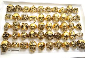 50 sztuk Top Mix Gold Big Skull Szkielet Gothic Pierścionki Męska Rowerzysta Punk Rings Hurtownie Fashoin Biżuteria Lots