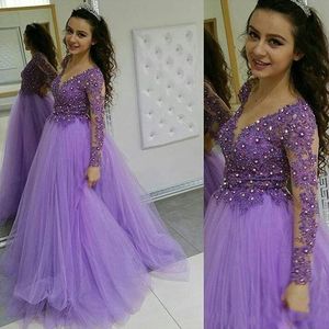 Light Purple Lace Applique Beads Prom Dresses Illusion Long Sleeve Sheer Neck Evening Gowns Tulle Ball Gown Arabic Formal Party Dresses