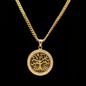 Retro Tree of Life Iced Out Cz Crystal Gold Plated Pendant Necklace stainless steel With 5mm 27inch Cuba Chain Necklace Fashion Jewelry Whos