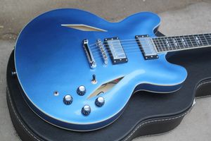 Custom Shop DaveGrohl DG Metallic Blue Полуполый корпус Джазовая электрогитара Guitarra Двойные алмазные отверстия Инкрустация бриллиантами с разделенными бриллиантами Тюнеры Grover Хромированная фурнитура