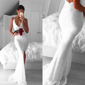 2017 Sexy White cheia do laço Backless sereia Vestidos de noite desgaste Halter Frente Dividir vestidos longos formais Custom Made China EN9135