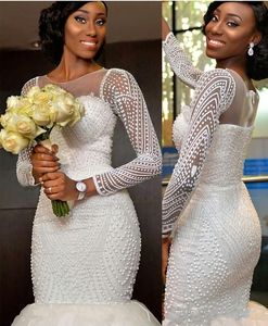 Bling African Nigeria New Mermaid Wedding Dresses Juvelhals Lång ärmar Crystal Pärlor Pärlor Sop Train Anpassade formella brudklänningar