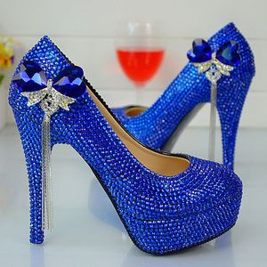 Moda artesanal azul real strass sapatos de casamento dedo do pé redondo deslizamento-on salto alto stilettos baile de formatura bombas mais tamanho 44 45201b