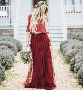 Moda İki Adet Dantel Ülkesi Nedime Elbiseler Ile Yarım Kollu Bir Çizgi Düğün Konuk Elbise Kat Uzunluk Tül Servi