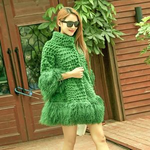 Women's fashion natural rabbit fur stand collar three quarter sleeve loose mongolian fur tassel bottom medium long fur coat casacos XXL