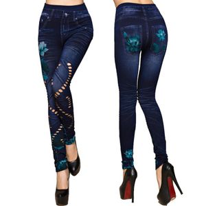 Novo design sexy bodyon jeans falso jeans estampado buracos ocos personalidade túnica leggings calças cintura elástica