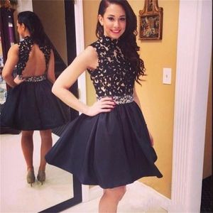 Sexy Open Back A Line Mini Party Dresses Black Appliques Taffeta Cheap Short Prom Party Dress High Neck Modest Homecoming Dresses