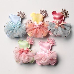 New Princess Baby Girls Character Bears Shape Hair Clips Glitter Felt Crown Hair Bows Pink Gauze Ribbon Bowknot 20pcs Hairpins