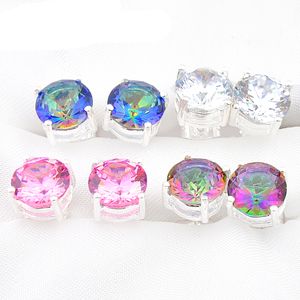 Luckyshine Mix 4Pairs Wedding Gift Fire Round Mystic Topaz Pink White Cubic Zirconia 925 Sterling Silver Men Women Stud Earrings Free Shippi
