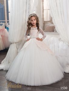 Cute Flower Girls Dresses with Long Sleeves and Beaded Belt 2021 Pentelei Princess Lace Tulle First Communion Gowns for Little Girls