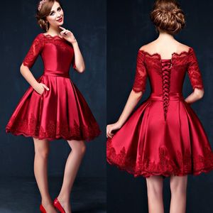 Dark Red Short Prom Dresses A Line Sheer Bateau Neckline Illusion Lace Sleeves Homecoming Graduation Party Gowns with Pockets
