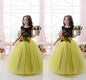 Schwarze und gelbe Blumenmädchenkleider für die Hochzeit, Spitze, Tüll, Ballkleid, Mädchenfestzug-Kleider mit handgefertigten Blumen, Kinder-Partykleider