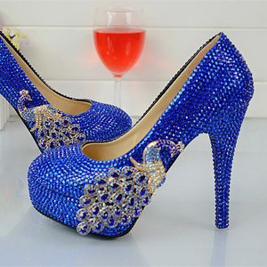 수제 패션 로얄 블루 라인 스톤 웨딩 웨딩 신발 둥근 발가락 슬립 온 하이힐 스틸레토 댄스 파티 펌프 플러스 크기 44 45294a