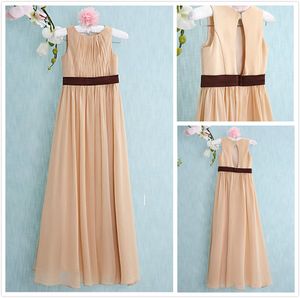 New Champagne Long Junior Bridesmaid Dresses Jewel A Line Pleated Waist With Sashes Cheap Formal Party Prom Gown Custom Made