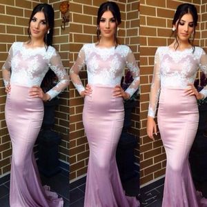 Arabic Dresses Evening Wear Light Purple Fitted Mermaid Illusion Long Sleeves Prom Gowns Lace Appliqued Top Sweep Train Custom Made