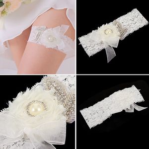 Venta de ligas nupciales de encaje blanco elegante sexy con diamantes de imitación ligas de pierna de boda flores hechas a mano accesorios nupciales tyc0054