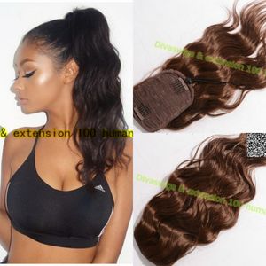 Brown wavy pony tail hairstyles Human Hair Drawstring Ponytail 18inch Ponytail 8A Curly Human Hair Ponytail for black women