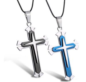 Wholesale-High Quality Blue Black Silver Stainless Steel Cross Pendant Men's Necklace Chain Accessories 02K9 4NCI