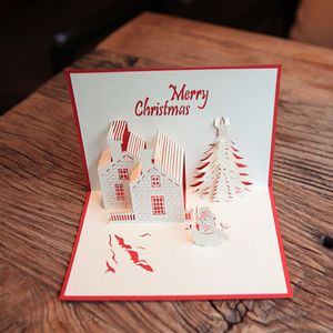 Cute Christmas Tree Greeting Cards 3D Paper Castle Snowman Postcard Blessing Festive Party Decor Supplies