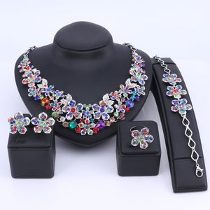 Oszałamiający Srebro Plating Rhinestone Kryształ Wedding Jewelry Choker Naszyjnik Kolczyki Bransoletka Pierścień Zestaw Kobiety Bridal Jewelry Set