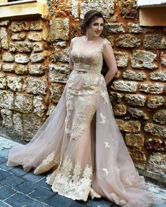 Champagne Lace See Through Evening Gowns With Detachable Overskirt Train Plus Size Sheer Neck Cap Sleeve Prom Dresses Customized Formal Wear