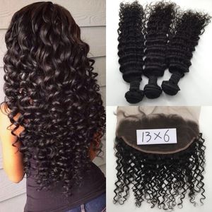 Brazilian Hair Bundles with Closure Ear to Ear Lace Frontal Closure 13*6 Deep Wave Hair Weaves with Lace Closure