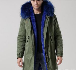 Длинные стильные брендовые мужские куртки Meifeng, зимние мужские зимние пальто, подкладка из 100% синего кроличьего меха, армейско-зеленые холщовые длинные парки, роскошный мех