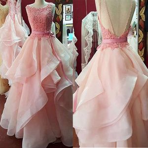 Scoop Neckline A-line Prom Dresses With Beaded Lace Appliques Ruffled Organza Crystals Pink Ball Gowns Evening Gowns vestidos de gala