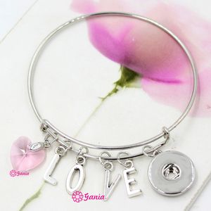 New Fashion Interchangeable Jewelry Pink Crystal Heart Initial Letter Love Snap Wire Adjustable Expandable Bangles Bracelets for Valentine