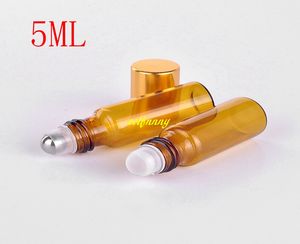 200pcs/lot 5ml ROLL ON GLASS Bottles Refillable ESSENTIAL OIL Roller ball Perfume bottle Gold & silver cap