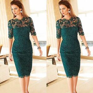 Gorgeous Lace Mother of the Bride Groom Dresses Sheath Column Teal Illusion Neckline Short Sleeves Cocktail Party Gowns Custom Made