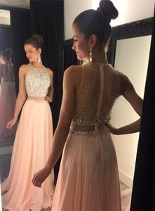 Wholesale two piece evening dresses line for sale - Group buy 2016 Peach Pink Two piece Evening Dresses A Line with Gold Beads Sequins Crystal Back Zipper Long Chiffon Formal Prom Party Gowns