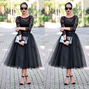 Gorgeous Short Tea Length Black Prom Dresses A Line Illusion Bateau Neckline Sheer Lace Sleeves Tulle Evening Party Gowns with Sash