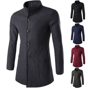 Mens Trench Coat Overcoat Long Jacket Single Breasted Solid Slim Fit Men's Wool Long Trench Coat Stand Collar Casual Trench för män J161021
