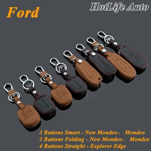 Oryginalny skórzany samochód Key Case Pokrywa Keychain Pasuje do Forda Mondeo Nowy Mondeo Explorer Edge Smart / Składane Remote Car Key Pierścienie