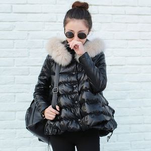 Atacado-Plus Tamanho 2016 Coreano Moda Inverno Mulheres Casaco de Algodão A-Linha Bonito Espesso REAL REAX PEL Colar de pele aquecido PU Parkas AE281