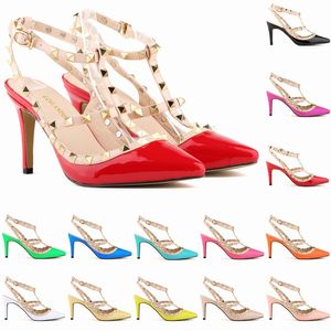 Sexy Pointed Toe Med High Heels Summer Womens Wedding Fashion Buckle Studded Stiletto High Heel Sandals Shoes D0079
