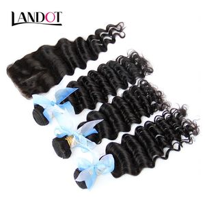 Filipino Onda Profunda Do Cabelo Virgem Encaracolado Com Fecho 4 Pcs Não Transformados Onda Profunda Do Cabelo Humano Weave Bundles E Fechamentos de Top Lace Livre / Parte Do Meio